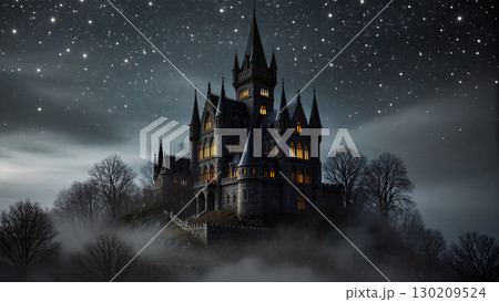 Gothic fairytale castle on a misty hill under starry night sky, glowing windows create a mysterious and magical atmosphere 130209524