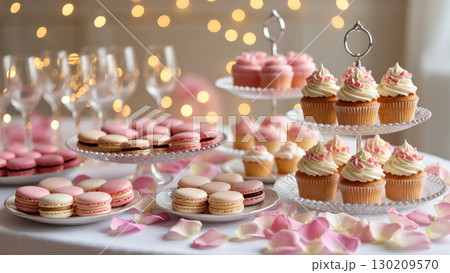 Elegant dessert table with cupcakes and macarons in pink and cream tones decorated with petals and bokeh lights. Romantic celebration setup. 130209570