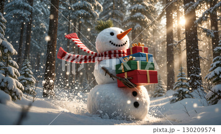 Christmas snowman with red scarf holding colorful gift boxes in snowy forest at sunset. Cheerful winter holiday scene with glowing light. 130209574