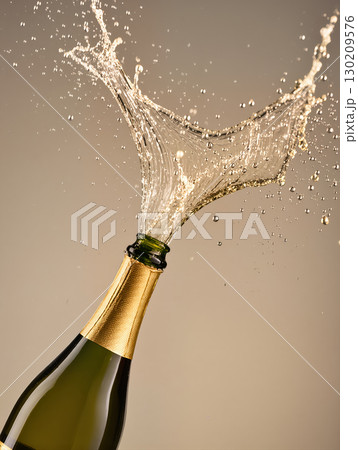 Champagne bottle with golden foil popping open and spraying sparkling wine splash in mid-air. Celebration and festive drink concept. 130209576