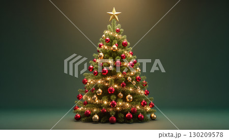 Minimalist Christmas tree decorated with red and gold baubles and glowing lights, standing on a green background in a festive holiday setting 130209578