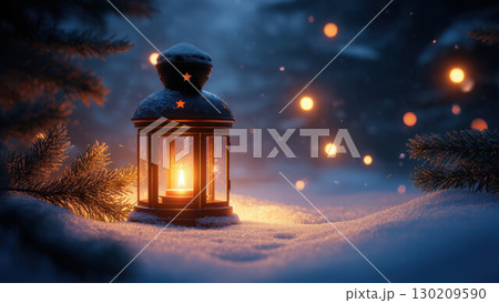 Christmas lantern glowing in snowy forest at night, surrounded by pine branches and warm festive bokeh lights 130209590