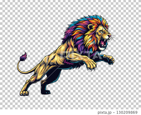 A colorful lion with a vibrant mane roars while leaping. A dynamic and powerful illustration. Wild animals. 130209869