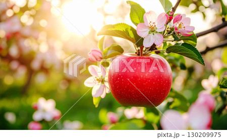 apples on a tree, Ripe red apple hanging on a green tree branch under warm golden sunlight, with blurred orchard background creating a fresh and natural atmosphere 130209975