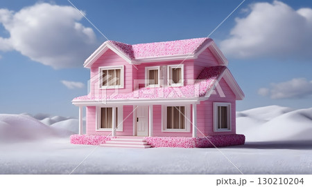 Whimsical pastel pink house covered in icing and sprinkles 130210204