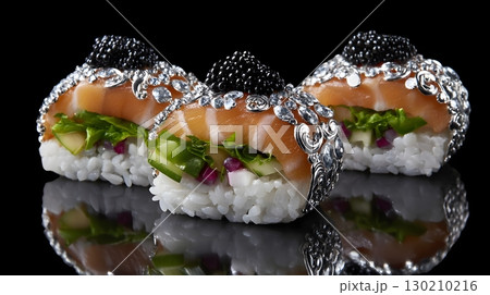 Ornate sushi rolls with intricate silver filigree design 130210216