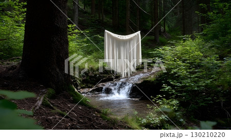 Flowing textile waterfall in a serene forest scene Flowing textile waterfall in a serene forest scene 130210220
