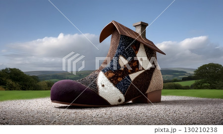 Whimsical shoe-shaped house made of patchwork leather and knit in a rural landscape 130210238