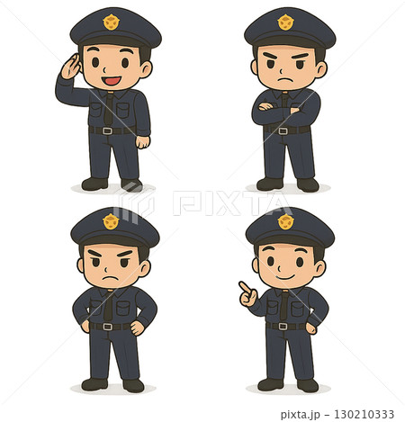 警察官の等身大ちびキャライラスト・4パターン(笑顔で敬礼・真剣に腕組・怒り顔・笑顔で指差し) 警察官の等身大ちびキャライラスト・4パターン(笑顔で敬礼・真剣に腕組・怒り顔・笑顔で指差し) 130210333