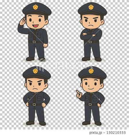 警察官の等身大ちびキャライラスト・4パターン(笑顔で敬礼・真剣に腕組・怒り顔・笑顔で指差し) 警察官の等身大ちびキャライラスト・4パターン(笑顔で敬礼・真剣に腕組・怒り顔・笑顔で指差し) 130210333