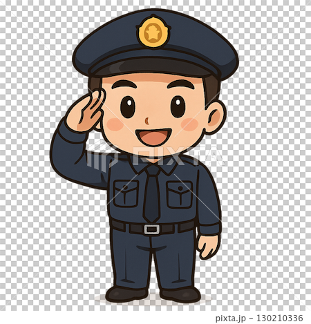 A male police officer wearing a navy blue uniform and saluting with a cheerful smile 130210336