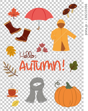 Cute autumn isolated vector illustration set. Boots, umbrella, rain jacket, shawl, pumpkin, mushroom, coffee, leaves and Autumn greeting. 130210366