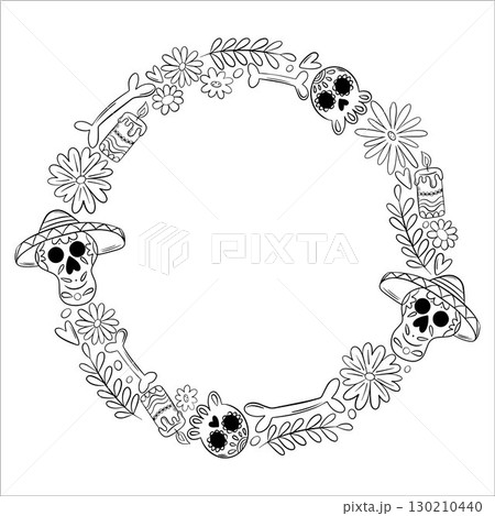 Dia de los Muertos. Frame for traditional Mexican holiday dedicated to the memory of the dead. Skull, flowers, bones, guitar, border, frame Dia de los Muertos. Frame for traditional Mexican holiday dedicated to the memory of the dead. Skull, flowers, bones, guitar, border, frame 130210440