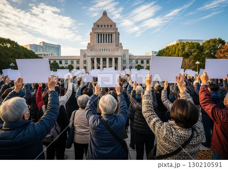 (AI生成)　国会前の広場で抗議デモをする群衆 130210591