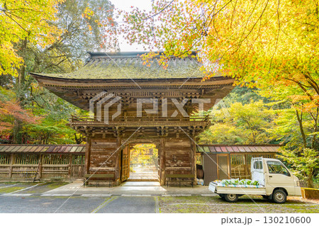岐阜県美濃市　秋の大矢田神社の紅葉の楼門と産直野菜売りの軽トラック 130210600