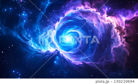 cosmic vortex swirling with brilliant blue and violet nebula clouds, radiating energy and light, surrounded by countless stars in a breathtaking deep-space scene, abstract background with space 130210694