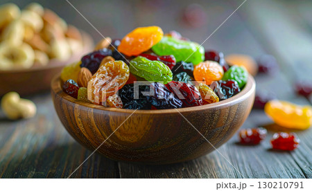 Bakery delights with assorted fruit tarts, vibrant dessert on wooden table 130210791