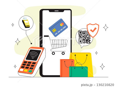 Cashless Society Payment Vector Illustration featuring Mobile Transactions, Digital Payments, Credit Card Machine, and Encryption in a Background Cashless Society Payment Vector Illustration featuring Mobile Transactions, Digital Payments, Credit Card Machine, and Encryption in a Background 130210820