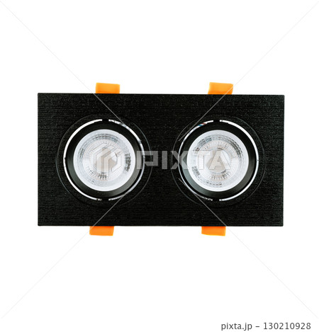 Modern recessed ceiling light fixture with two MR16 GU5.3 lamp holders, rectangular black frame and orange mounting clips, isolated on white background. 130210928