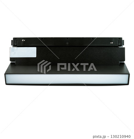 Black rectangular magnetic track light fixture with frosted panel, isolated on white background, designed for modern interior lighting applications. 130210940