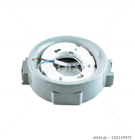 Round plastic ceiling electrical box with wires used for mounting lighting fixtures, displayed in a stretch ceiling and lighting equipment store. 130210972
