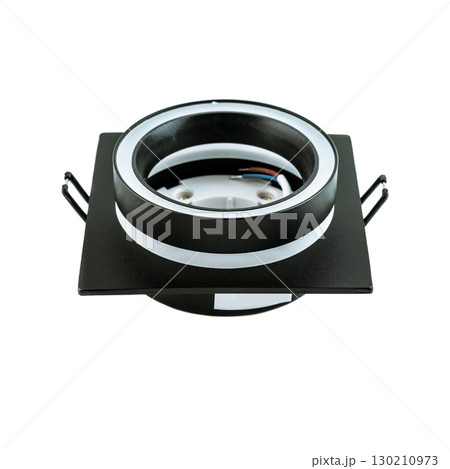 Black recessed ceiling light fixture on a white background Black recessed ceiling light fixture on a white background 130210973
