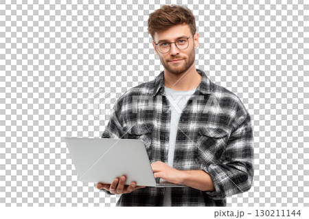 Young man holding a laptop. AI-generated item Young man holding a laptop. AI-generated item 130211144