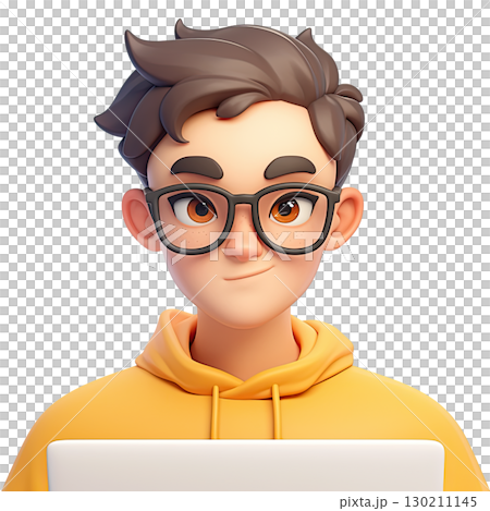 Cartoon boy with laptop and glasses. AI-generated item Cartoon boy with laptop and glasses. AI-generated item 130211145