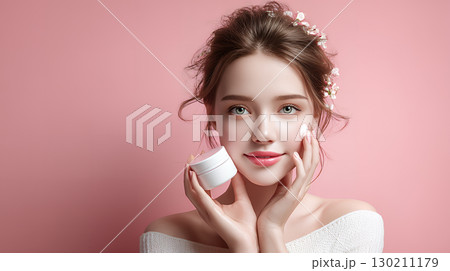 young woman with a jar of cream young woman with a jar of cream 130211179
