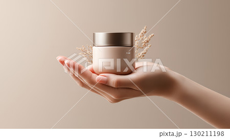 female hand holding cream bottle of lotion 130211198