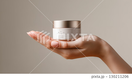 female hand holding cream bottle of lotion 130211206