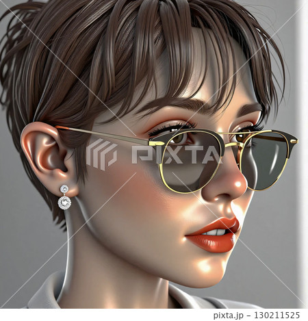 Stylish woman with sunglasses and earring portrait. A digitally rendered portrait of a stylish woman wearing sunglasses with gold frames and reflective lenses. 130211525