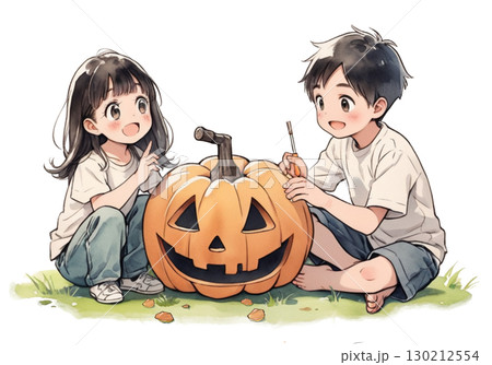 かぼちゃのランタンをつくる子どもたち 130212554