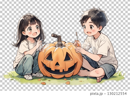 かぼちゃのランタンをつくる子どもたち 130212554