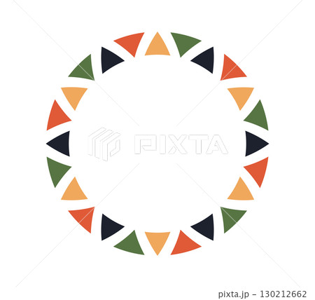 African pattern circle frame. Mexican ethnic motif border. Triangular islamic ornament round frame. Sun stamp emblem. African ethnic culture ornament Vector illustration isolated on white background African pattern circle frame. Mexican ethnic motif border. Triangular islamic ornament round frame. Sun stamp emblem. African ethnic culture ornament Vector illustration isolated on white background 130212662