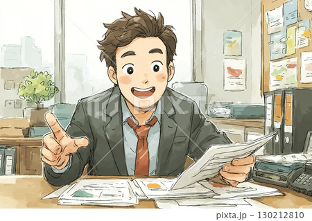 銀行の窓口で男性行員が顧客に説明しているシーン 130212810