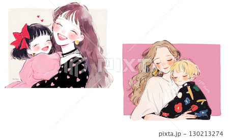 母親と子どもがハグをしている　親子イラスト　 130213274