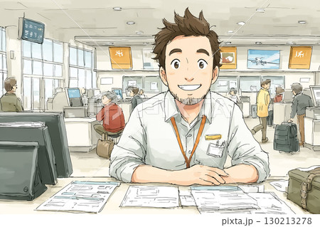 空港のチェックインカウンターで男性スタッフが搭乗手続きや案内対応をしているシーン 130213278
