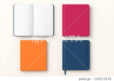 Top view of four notebooks on a light background: one open with grid pages, and three closed with pink 130213378