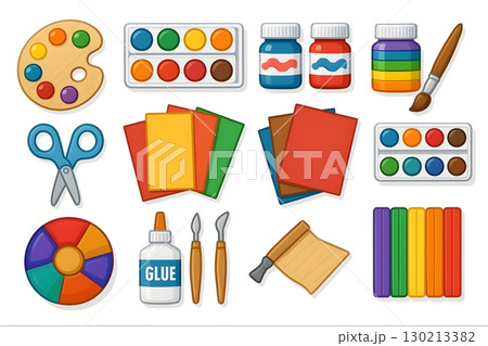 Cartoon set of art school supplies: palette, watercolor trays, paint jars, brush, scissors 130213382