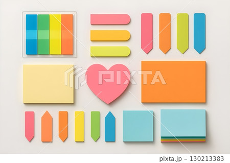 Flat lay of colorful sticky notes and page flags in assorted shapes, including a pink heart 130213383