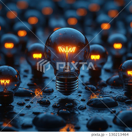Glowing Ideas Bright Lightbulbs on Wet Surface. Glowing Ideas Bright Lightbulbs on Wet Surface. 130213464