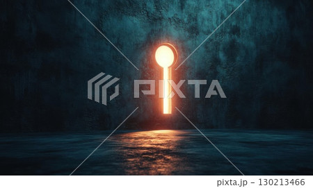 Glowing Keyhole Door with Mystery, Dark Room, and Abstract. Glowing Keyhole Door with Mystery, Dark Room, and Abstract. 130213466