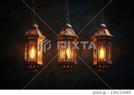 Glowing Lanterns with Dark Background. 130213469