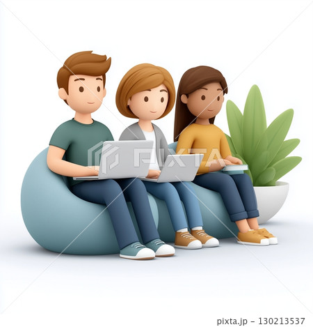 Three cartoon figures sitting on a comfortable beanbag, using laptops and tablets against 130213537