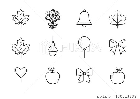 A collection of simple line art icons featuring a maple leaf, flowers, a bell, a balloon, bows 130213538