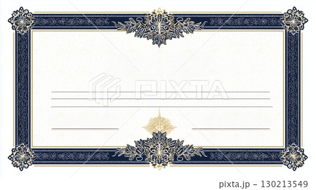 Elegant certificate template with navy blue and gold ornamental border, guilloche background 130213549