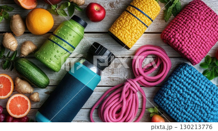 Healthy Lifestyle Fitness with Fruits, and Drinks. 130213776