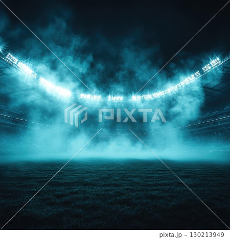 Night Stadium with Soccer Field, Smoke, and Lights. 130213949