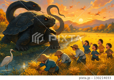 田園に現れた伝説の玄武 ― 巨大な亀と農民の秋の収穫風景 130214033